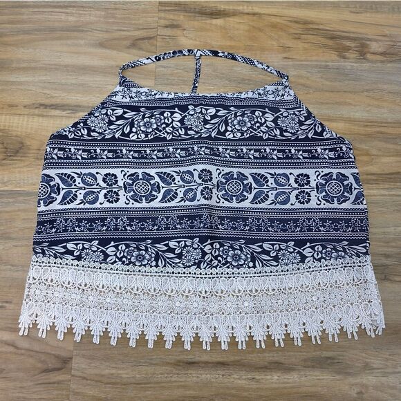 💛PacSun Blue & White Floral Print Lace Lined Sleeveless Top Small - Picture 1 of 10
